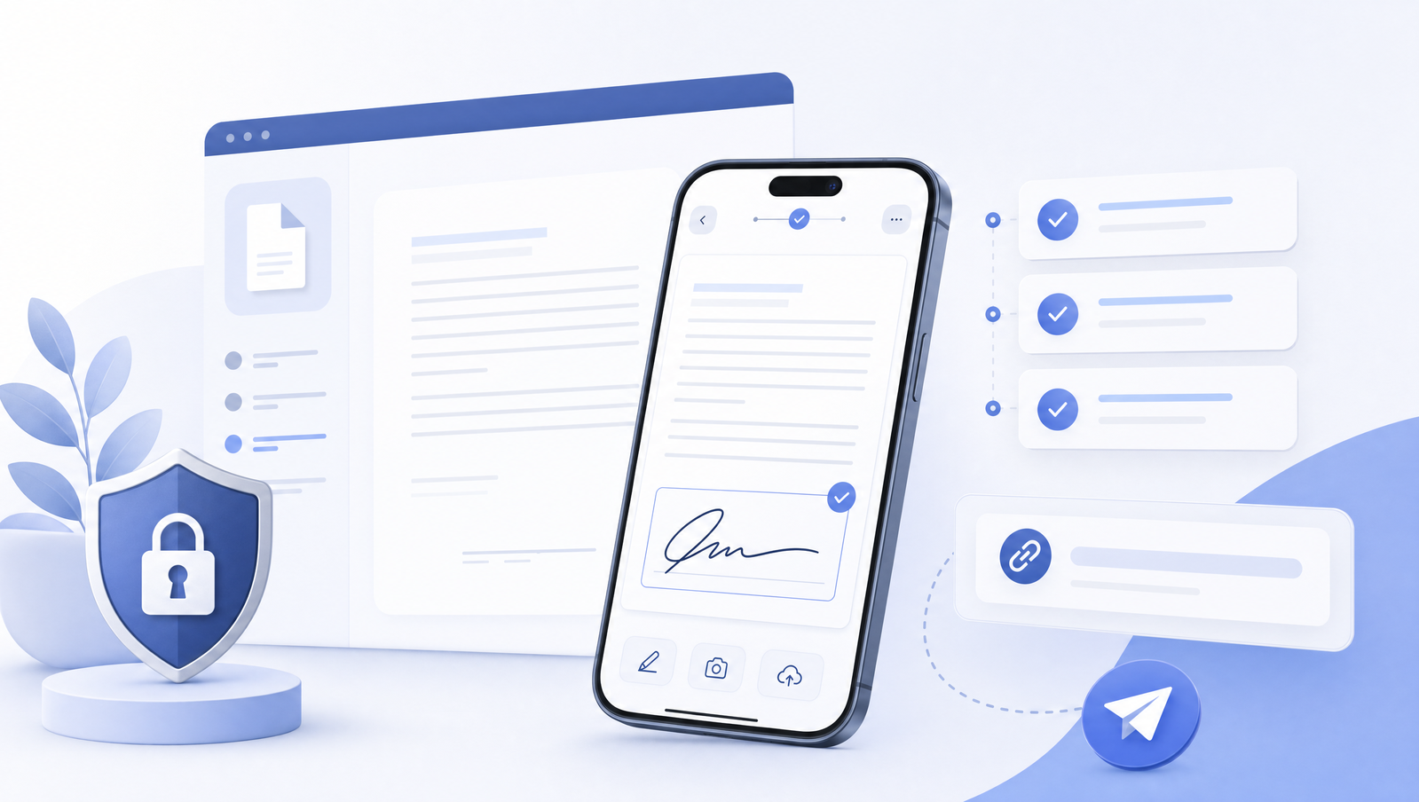 Illustration of a smartphone signing a PDF through a secure mobile link.