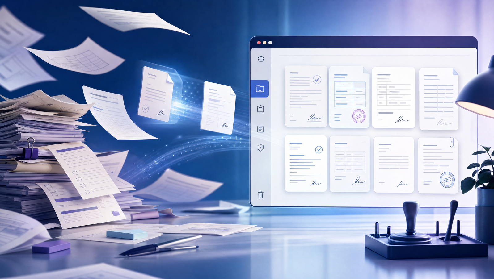 Illustration of paper forms transforming into organized digital PDF cards in a browser workspace.