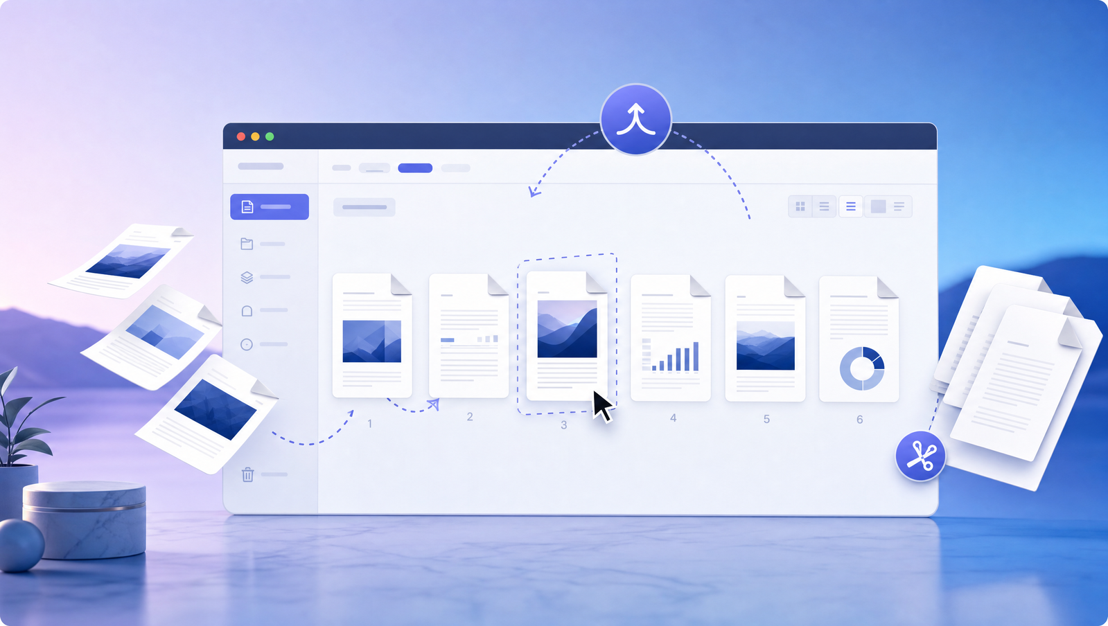 Illustration of PDF pages being organized into a clean sequence inside a browser workspace.