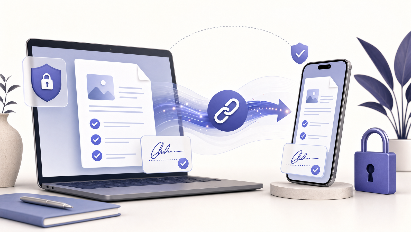 Illustration of a secure PDF link moving from a laptop to a smartphone with signature cards and lock icons.